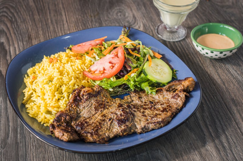 Carne Asada with rice and salad